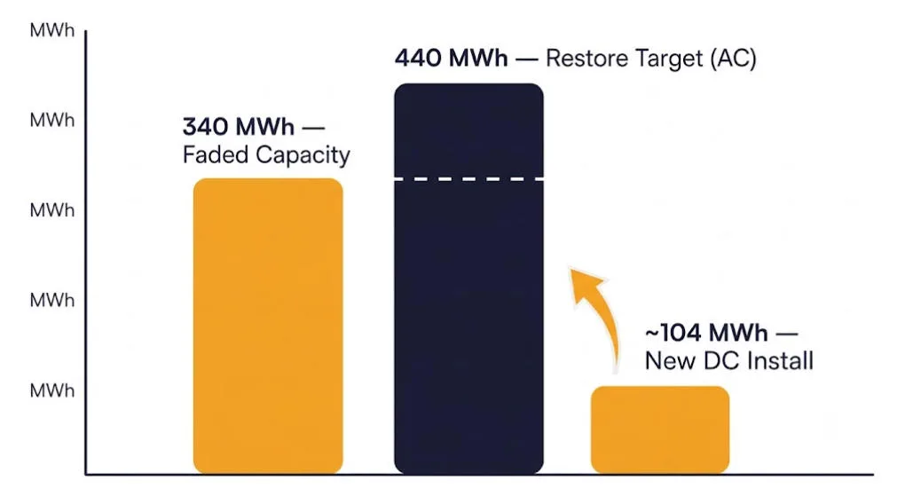 Bar chart illustrating AC Block Addition vs. DC Shuffling restore buffer sizing from AC target energy to DC installation capacity.