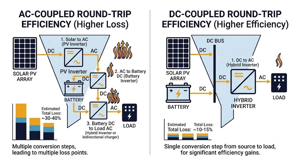 A conceptual funnel infographic comparing the round-trip efficiency losses of AC-coupled vs DC-coupled BESS charging paths, showing higher efficiency for DC-coupled systems.