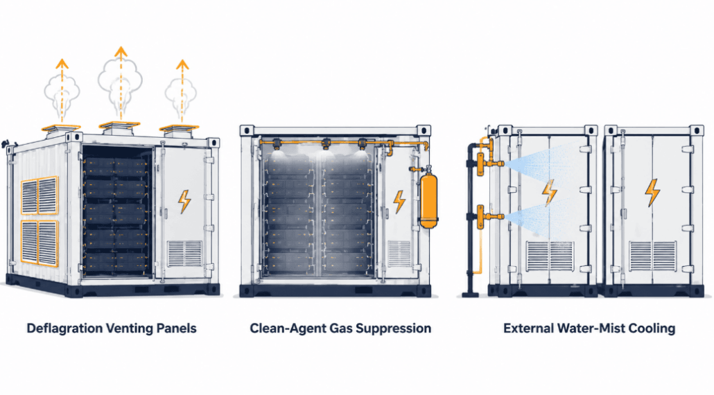 BESS Fire Suppression Systems Compared - SunLith Energy SunLith Energy Comparison of BESS fire suppression systems: deflagration venting, clean-agent, and water-mist