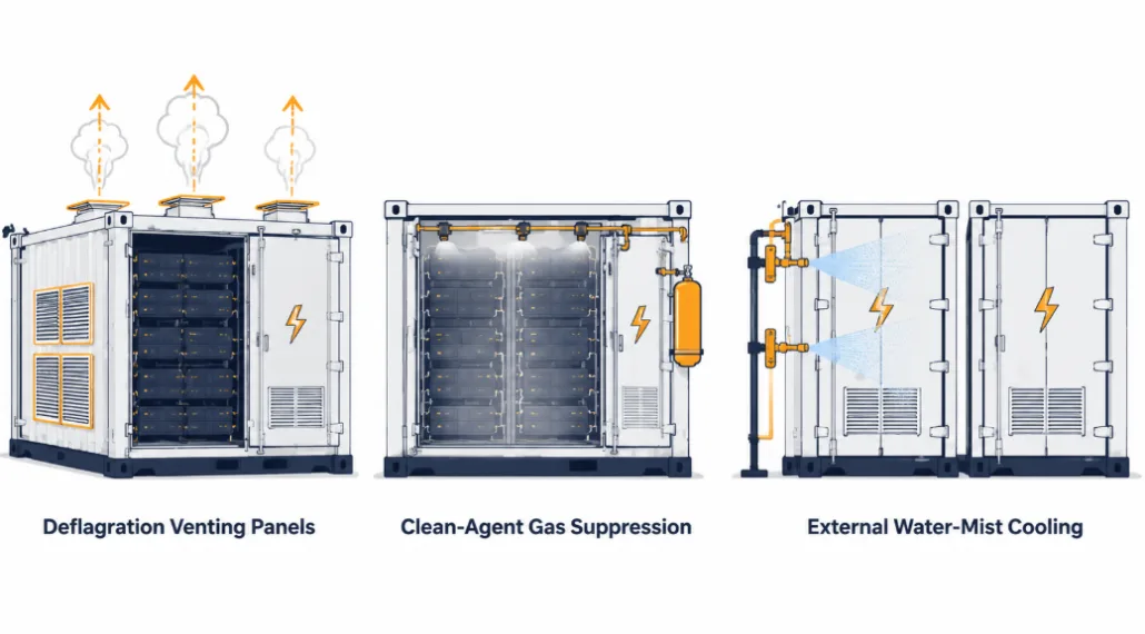 Comparison of BESS fire suppression systems: deflagration venting, clean-agent, and water-mist