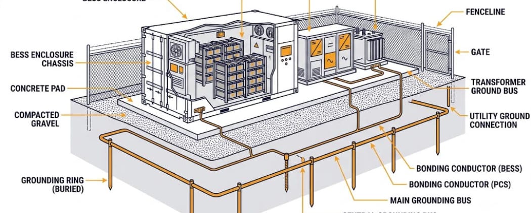 BESS Grounding System Components - SunLith Energy SunLith Energy BESS grounding system diagram showing ground rods, ring, and enclosure bonding