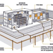 BESS Grounding System Components - SunLith Energy SunLith Energy BESS grounding system diagram showing ground rods, ring, and enclosure bonding
