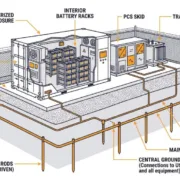 SunLith Energy BESS grounding system diagram showing ground rods, ring, and enclosure bonding