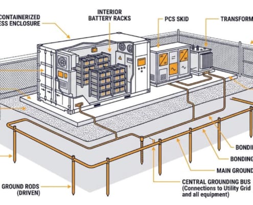 SunLith Energy BESS grounding system diagram showing ground rods, ring, and enclosure bonding