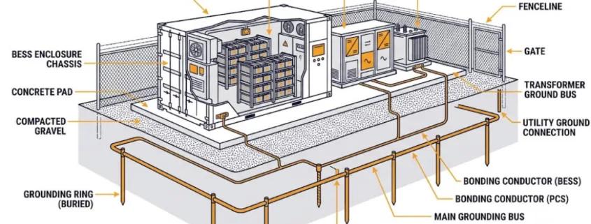 BESS Grounding System Components - SunLith Energy SunLith Energy BESS grounding system diagram showing ground rods, ring, and enclosure bonding