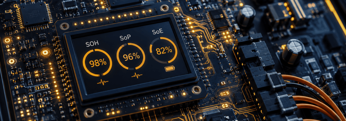 bms-algorithms-explained-feature-sunlith - SunLith Energy SunLith Energy BMS algorithms circuit board showing SOH, SoP, and SoE data readouts for BESS