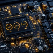bms-algorithms-explained-feature-sunlith - SunLith Energy SunLith Energy BMS algorithms circuit board showing SOH, SoP, and SoE data readouts for BESS