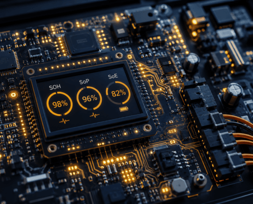 SunLith Energy BMS algorithms circuit board showing SOH, SoP, and SoE data readouts for BESS