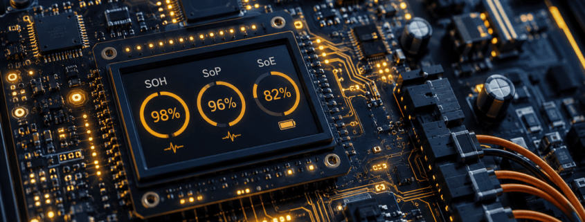 SunLith Energy BMS algorithms circuit board showing SOH, SoP, and SoE data readouts for BESS