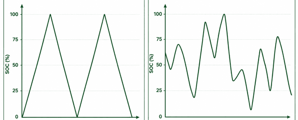 BMS Cycle Counting: Real-World SOC Trace vs Lab Test Cycle - SunLith Energy SunLith Energy Comparison chart showing a jagged real-world BESS SOC trace against a clean lab-test 100-0% charge discharge cycle