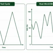 BMS Cycle Counting: Real-World SOC Trace vs Lab Test Cycle - SunLith Energy SunLith Energy Comparison chart showing a jagged real-world BESS SOC trace against a clean lab-test 100-0% charge discharge cycle