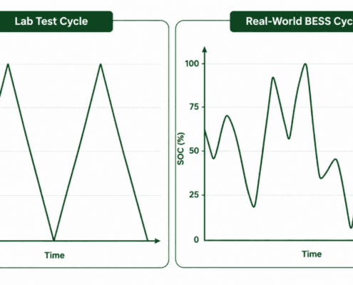 BMS Cycle Counting: Real-World SOC Trace vs Lab Test Cycle - SunLith Energy SunLith Energy Comparison chart showing a jagged real-world BESS SOC trace against a clean lab-test 100-0% charge discharge cycle