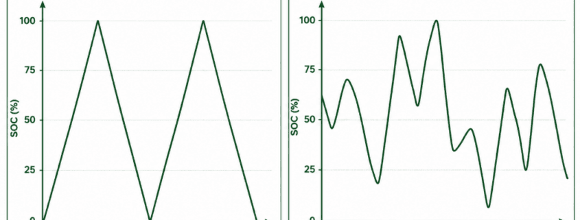 Comparison chart showing a jagged real-world BESS SOC trace against a clean lab-test 100-0% charge discharge cycle