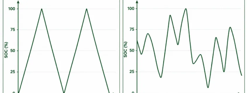 Comparison chart showing a jagged real-world BESS SOC trace against a clean lab-test 100-0% charge discharge cycle