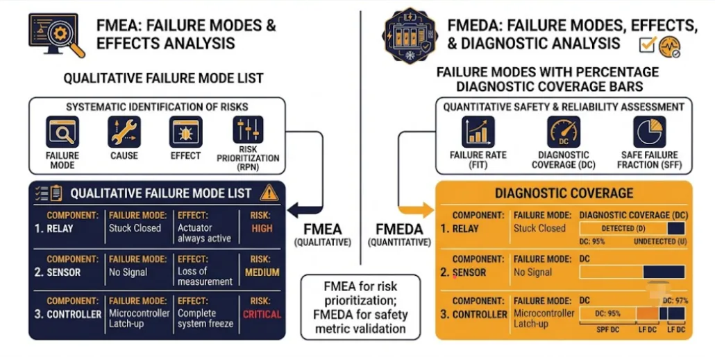 Comparison diagram illustrating the differences between BMS FMEA and FMEDA processes, highlighting component failure modes and diagnostic coverage.