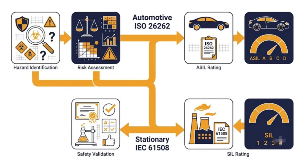 BMS functional safety process flow diagram showing the transition from HARA to SIL and ASIL ratings.