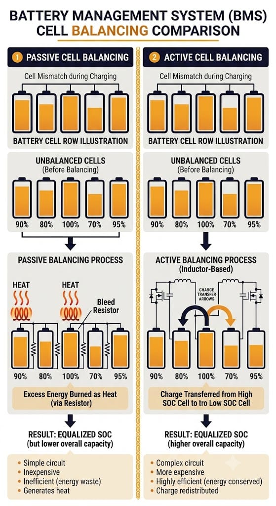Passive vs active cell balancing algorithm comparison diagram for BESS battery packs