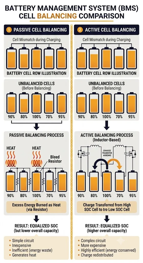 Passive vs active cell balancing algorithm comparison diagram for BESS battery packs