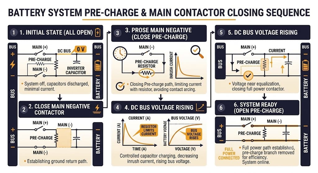 BMS pre-charge sequencing algorithm steps showing contactor closing and voltage matching