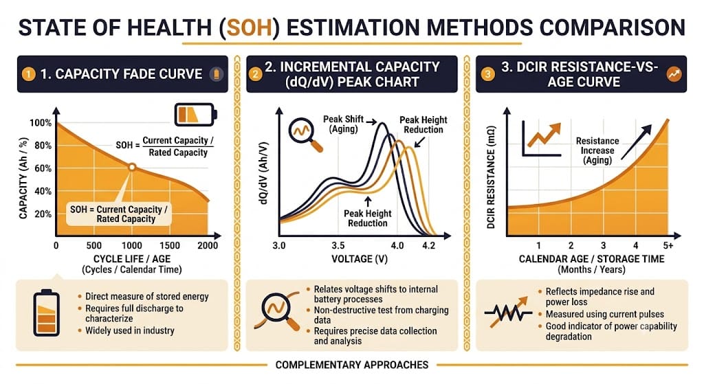 Comparison of three BMS algorithms for SOH estimation: capacity fade, ICA, and DCIR-based methods