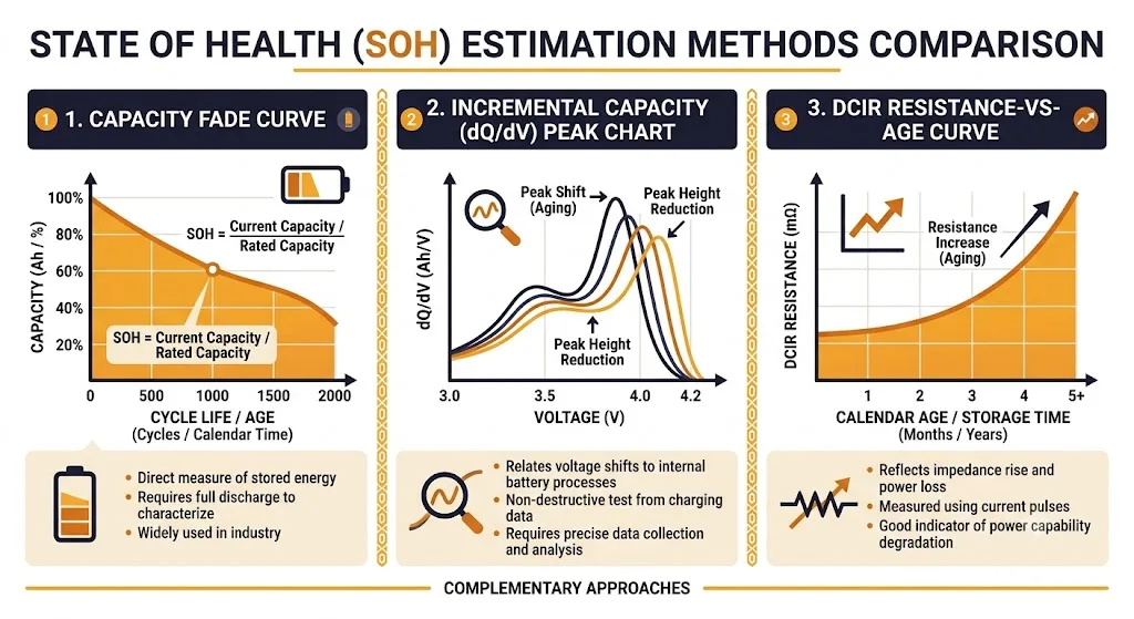 Comparison of three BMS algorithms for SOH estimation: capacity fade, ICA, and DCIR-based methods