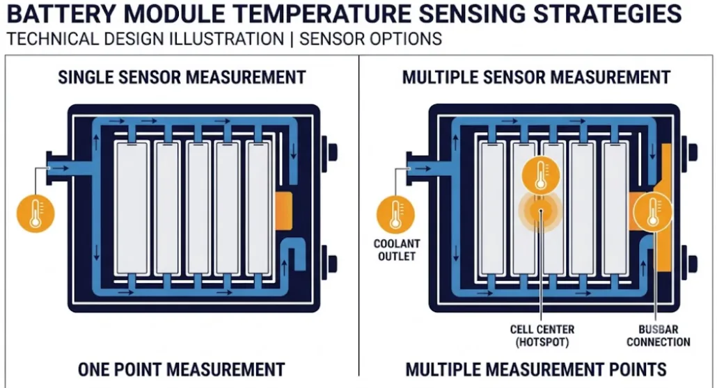 Temperature gradient sensor placement comparison in a BMS module