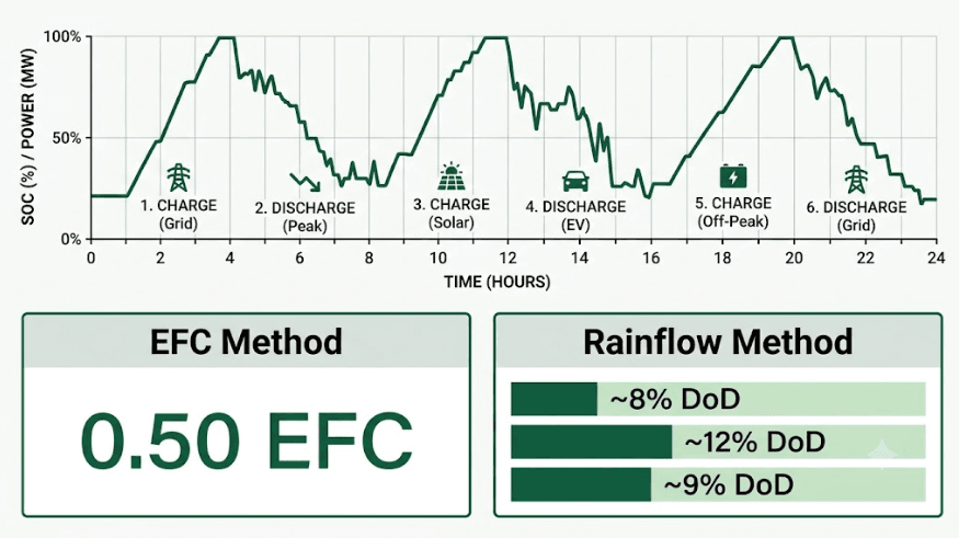 Worked example chart showing a single day of BESS charge and discharge events counted as 0.5 EFC versus three discrete rainflow cycles