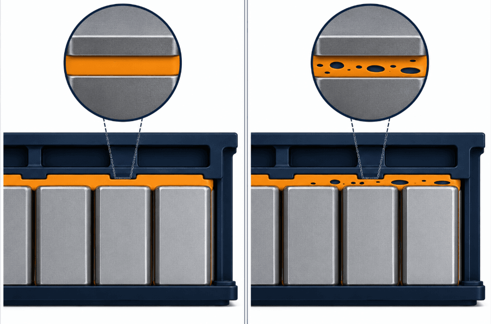  Comparison illustration of a void-free adhesive bond line and a voided bond line between glued cells