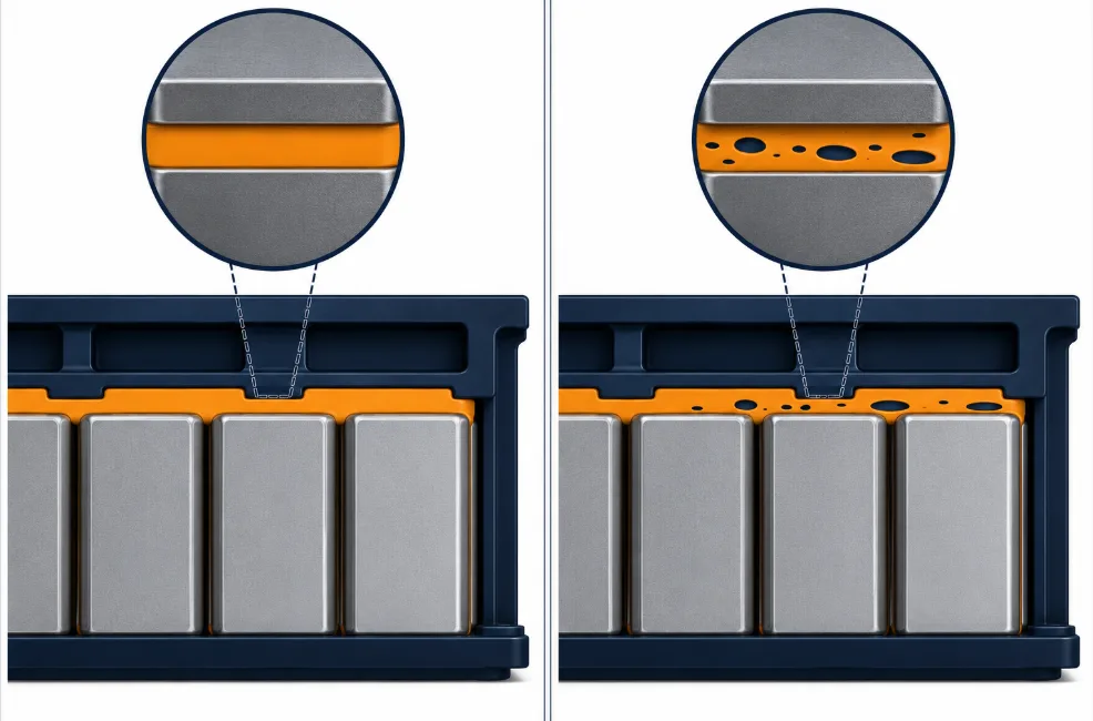  Comparison illustration of a void-free adhesive bond line and a voided bond line between glued cells