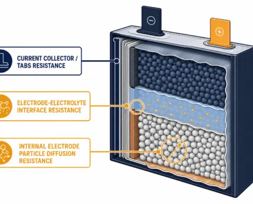 Cell internal resistance components diagram — ohmic, charge-transfer, diffusion - SunLith Energy SunLith Energy Diagram of cell internal resistance showing ohmic, charge-transfer, and diffusion resistance components