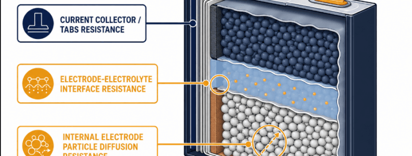 Diagram of cell internal resistance showing ohmic, charge-transfer, and diffusion resistance components