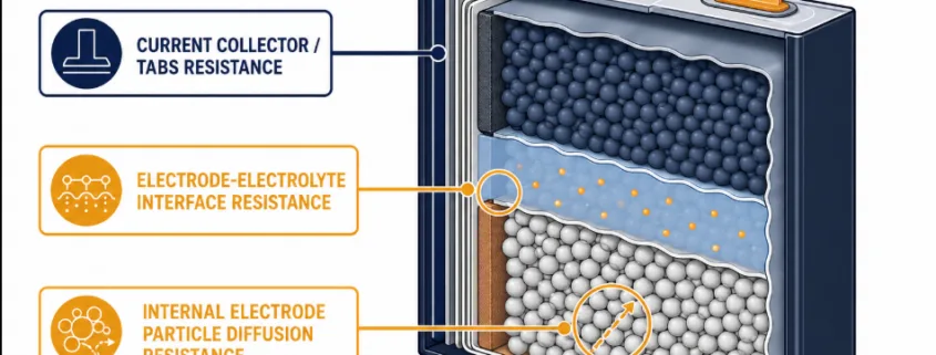 Cell internal resistance components diagram — ohmic, charge-transfer, diffusion - SunLith Energy SunLith Energy Diagram of cell internal resistance showing ohmic, charge-transfer, and diffusion resistance components