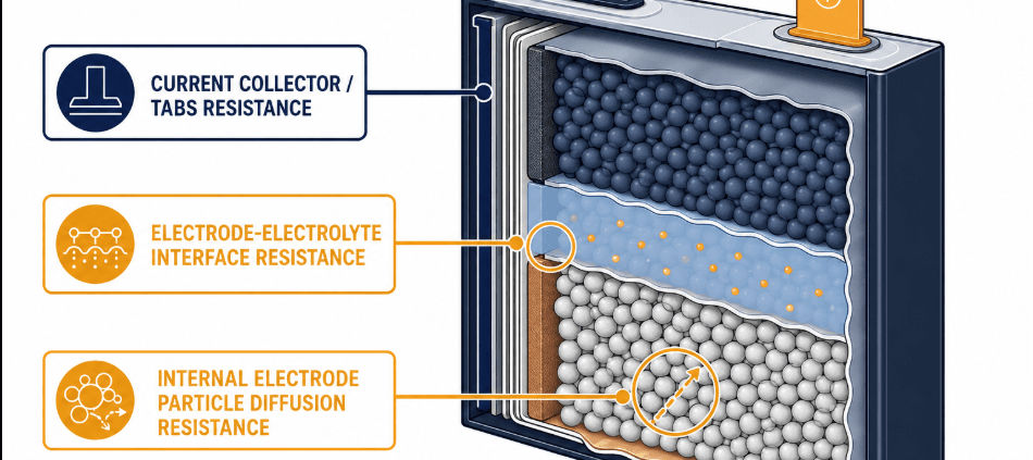 Cell internal resistance components diagram — ohmic, charge-transfer, diffusion - SunLith Energy SunLith Energy Diagram of cell internal resistance showing ohmic, charge-transfer, and diffusion resistance components