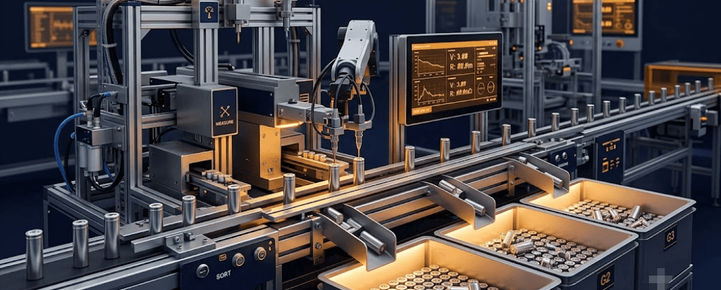 cell-matching-before-pack-assembly-feature-sunlith - SunLith Energy SunLith Energy Cell matching sorting line grouping battery cells by voltage and resistance