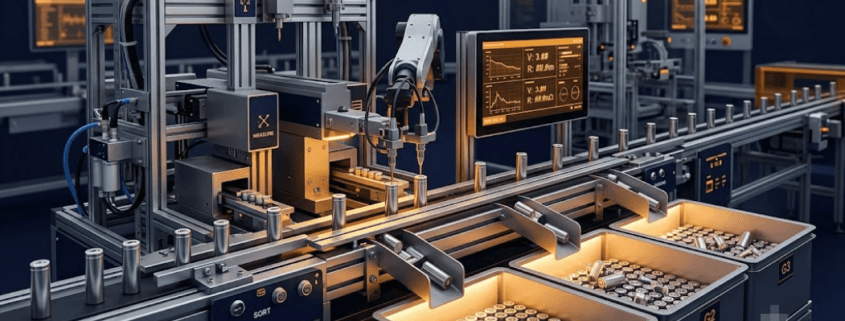 Cell matching sorting line grouping battery cells by voltage and resistance