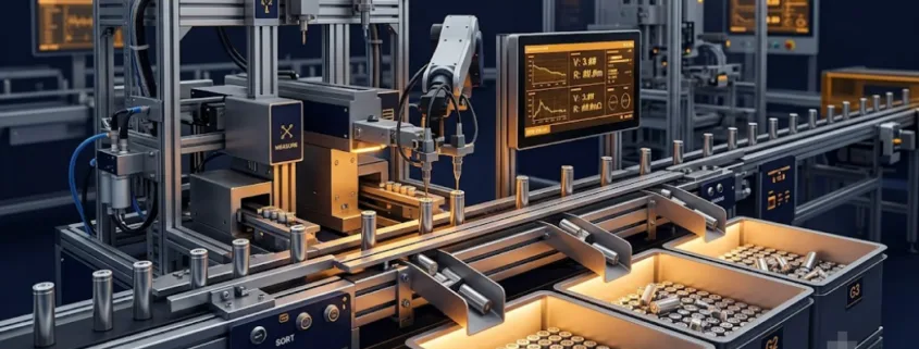 Cell matching sorting line grouping battery cells by voltage and resistance