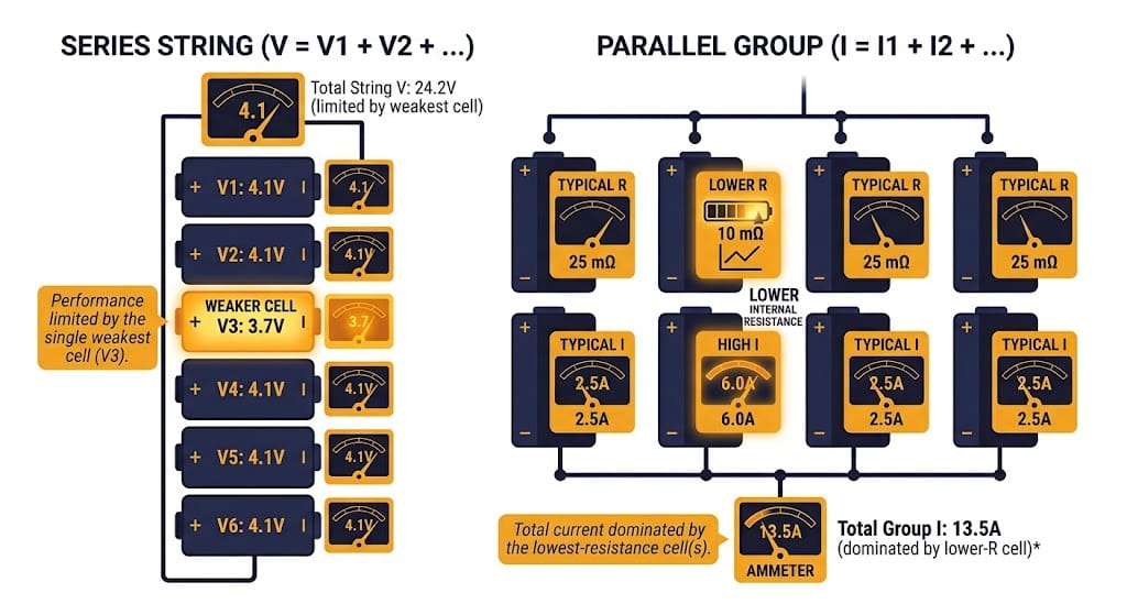 Cell matching effect on series strings and parallel groups in a battery pack