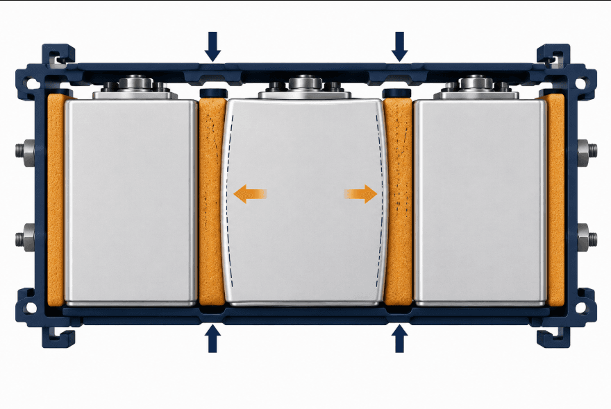Diagram showing mechanical expansion forces and compressible foam interlayers placed between gluing cells to prevent battery casing deformation.