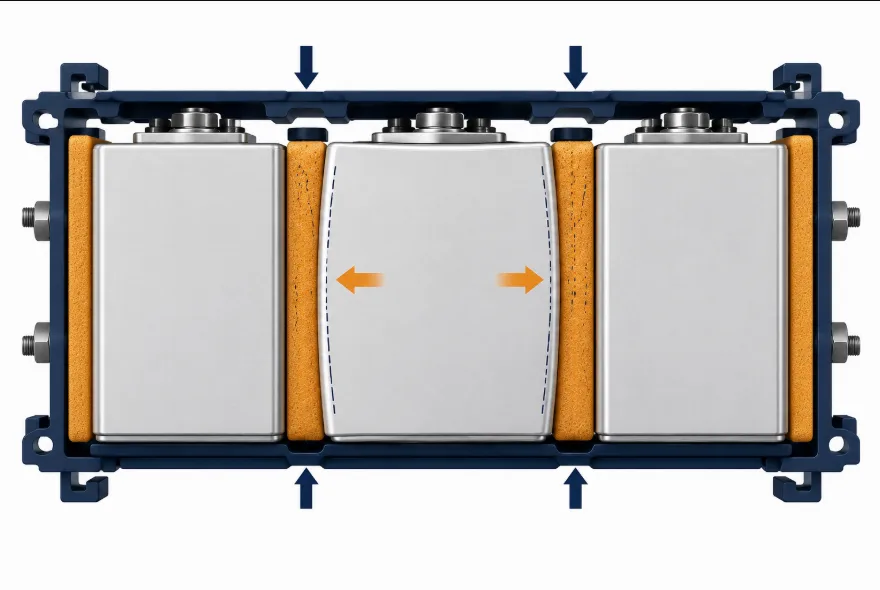 Diagram showing mechanical expansion forces and compressible foam interlayers placed between gluing cells to prevent battery casing deformation.