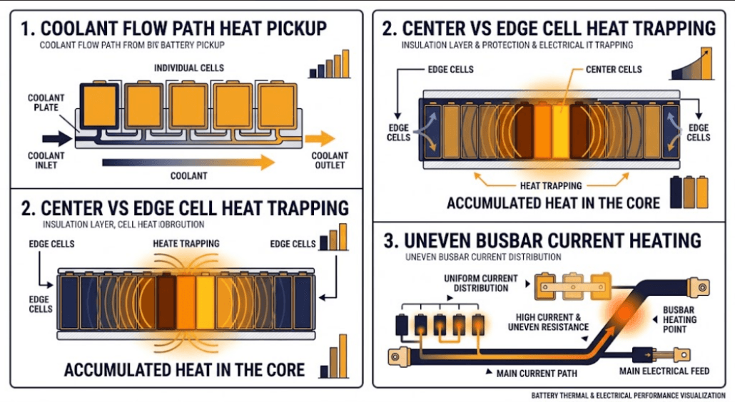 Temperature gradient causes: coolant flow, cell position, busbar resistance