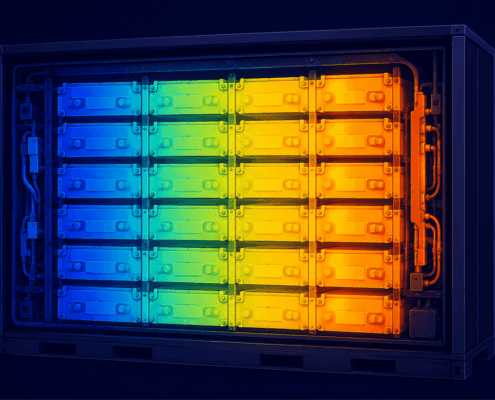 Temperature Gradient Limits in BESS Battery Packs - SunLith Energy SunLith Energy Temperature gradient heat map across a BESS battery rack