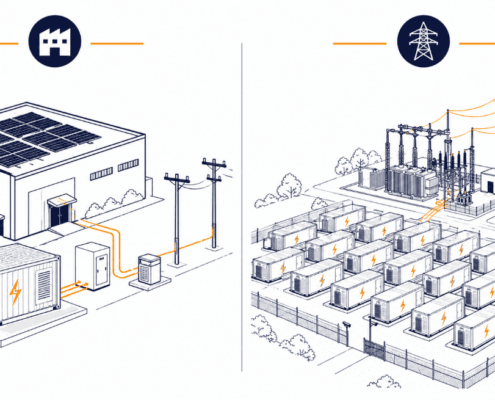 C&I vs Utility-Scale BESS Comparison Diagram - SunLith Energy SunLith Energy Diagram comparing C&I vs utility-scale BESS by size, voltage, and ownership