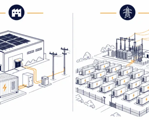 C&I vs Utility-Scale BESS Comparison Diagram - SunLith Energy SunLith Energy Diagram comparing C&I vs utility-scale BESS by size, voltage, and ownership