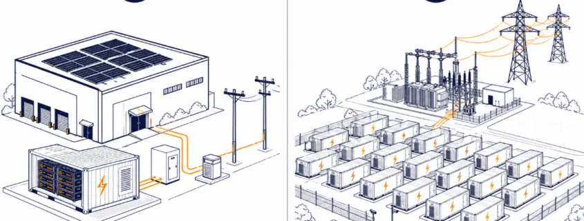 Diagram comparing C&I vs utility-scale BESS by size, voltage, and ownership