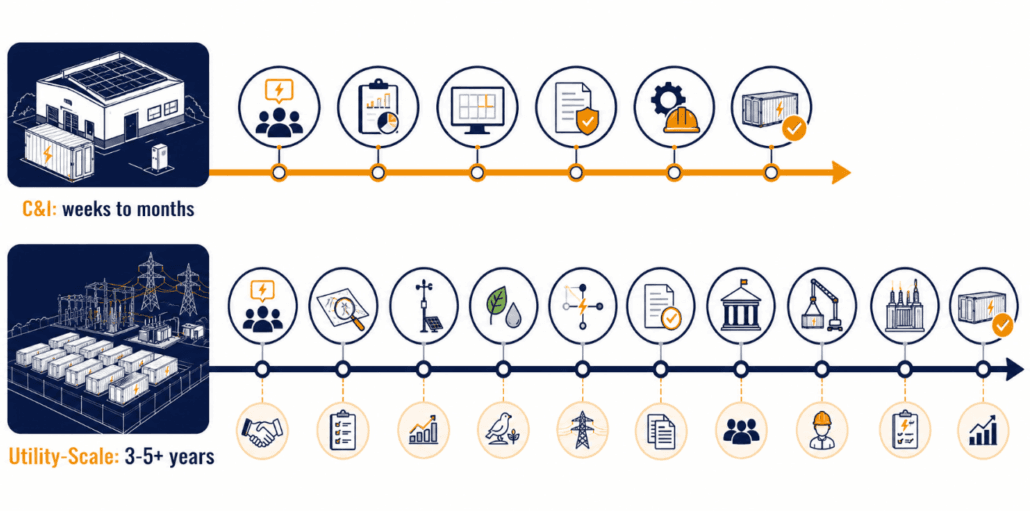 Timeline comparing C&I interconnection speed vs utility-scale interconnection queue