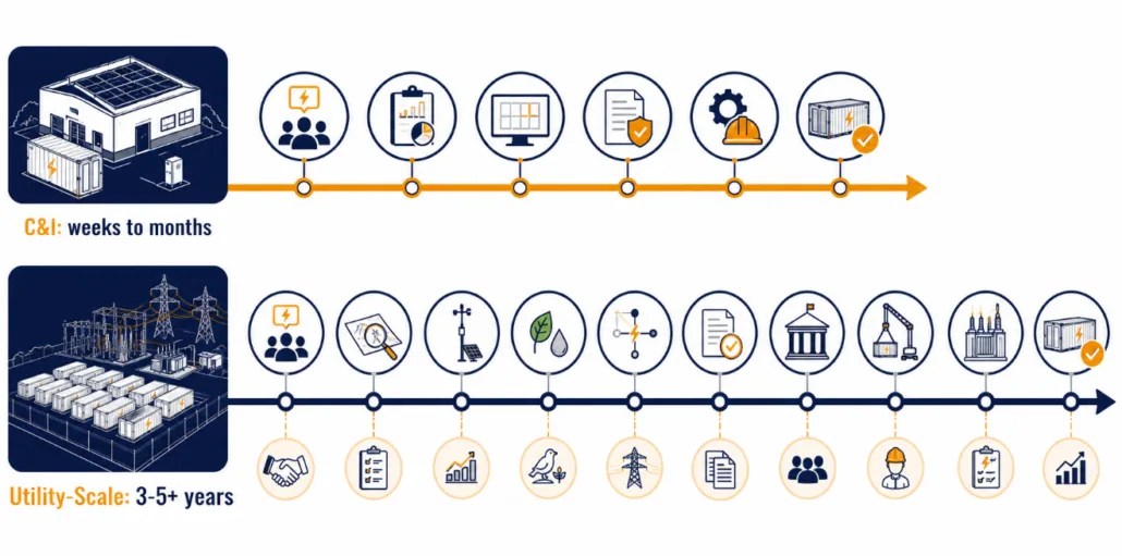 Timeline comparing C&I interconnection speed vs utility-scale interconnection queue