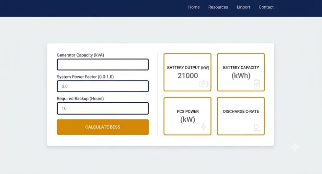 screenshot of the diesel generator replacement BESS sizing calculator