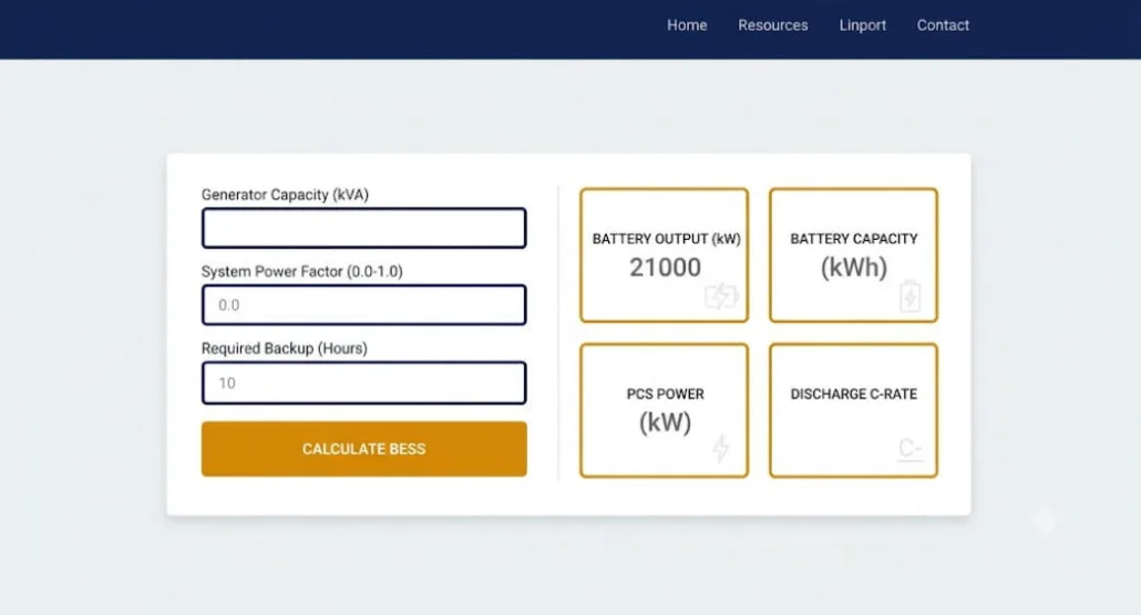 screenshot of the diesel generator replacement BESS sizing calculator