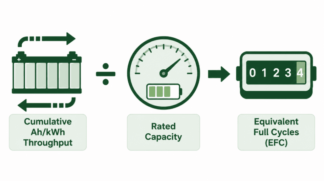 Diagram showing BMS dividing cumulative Ah throughput by rated battery capacity to calculate Equivalent Full Cycles