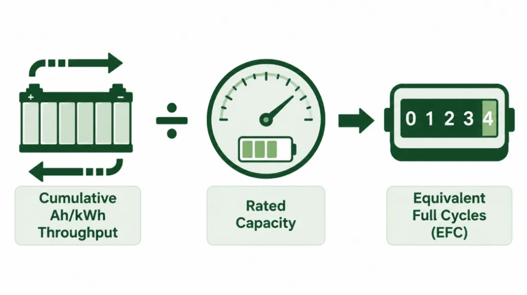 Diagram showing BMS dividing cumulative Ah throughput by rated battery capacity to calculate Equivalent Full Cycles